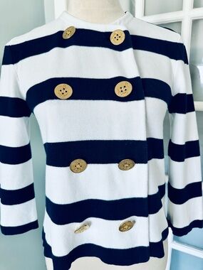 Ralph Lauren Navy & White Striped Double-Breasted Cardigan with Gold Buttons